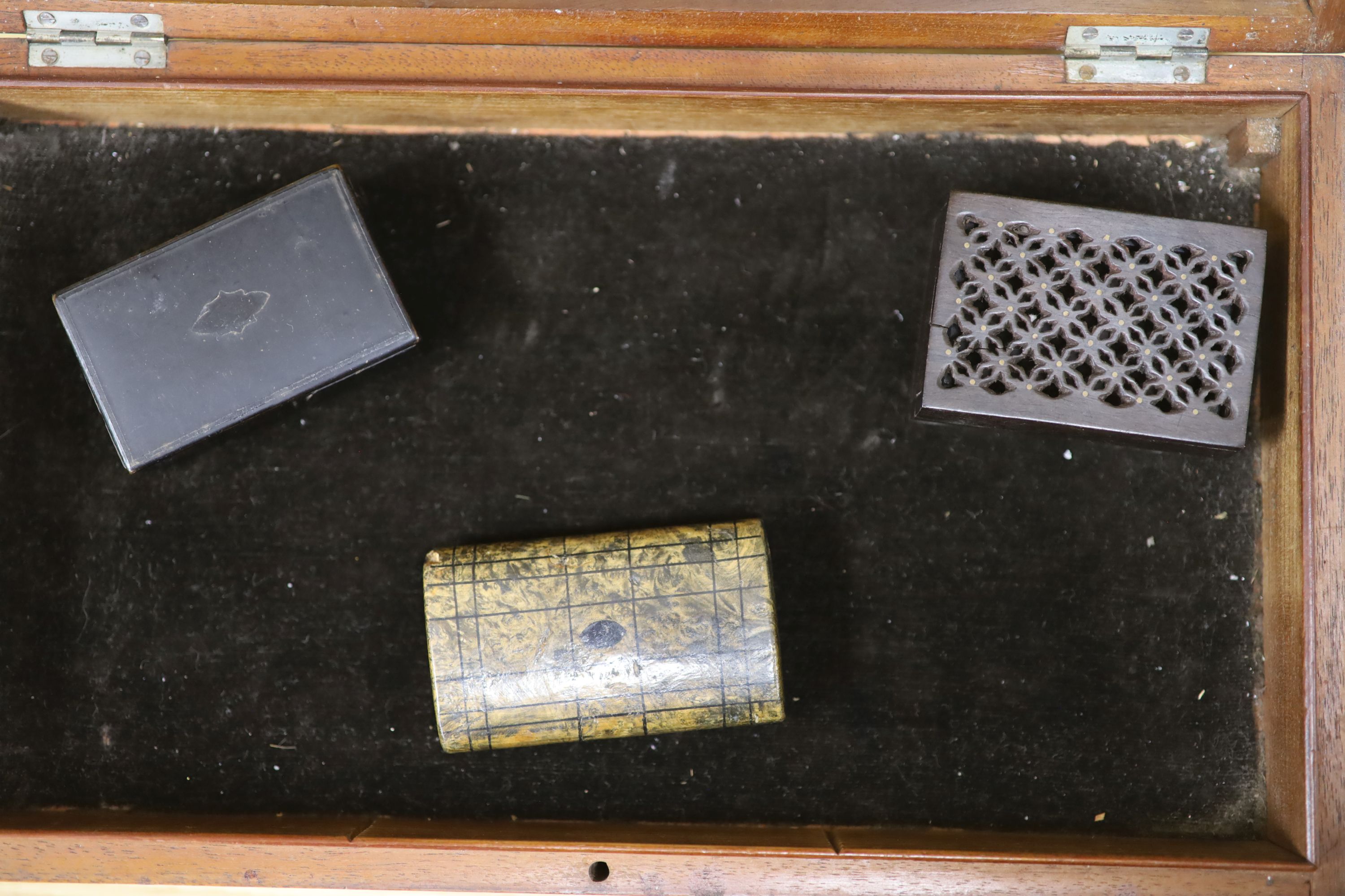 A display box, three snuff boxes, a Victorian brass bound oak document box and a coromandel box